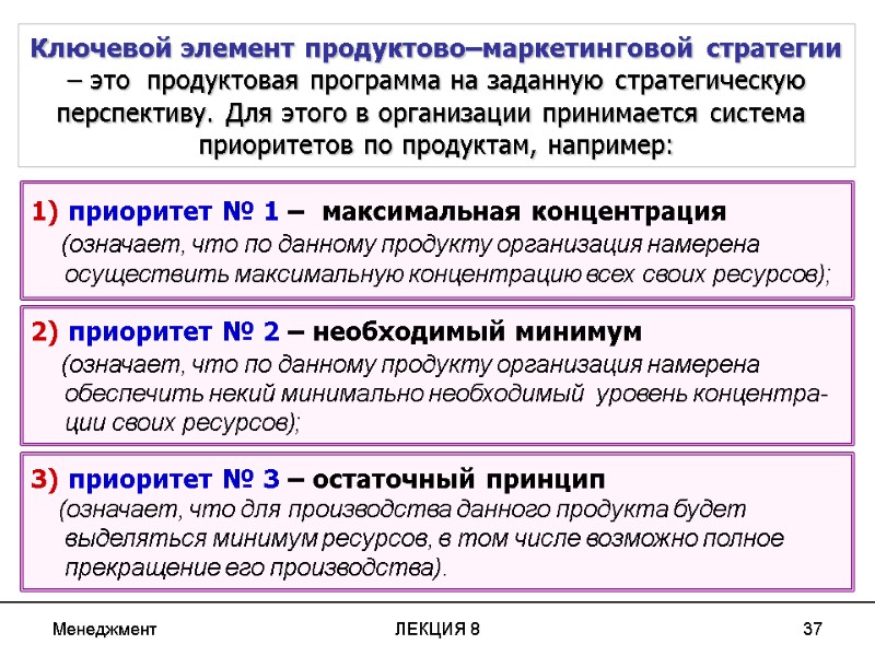 Менеджмент ЛЕКЦИЯ 8 37 Ключевой элемент продуктово–маркетинговой стратегии – это  продуктовая программа на